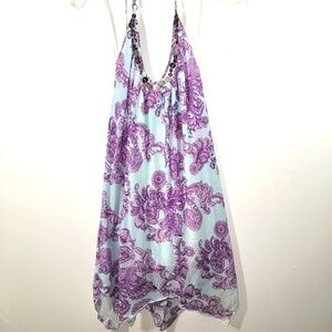 PJ Salvage Silk Paisle Halter Beach Sun Slip Dress Aqua Purple Silky Lined Med